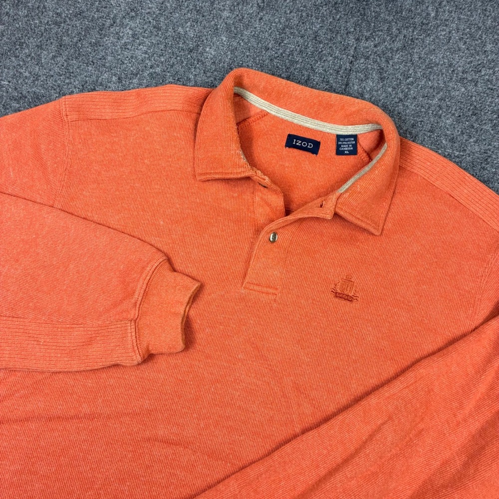 IZOD Mens Size XL Orange Long Sleeve Ribbed Polo Shirt Cotton Blend Crest Logo